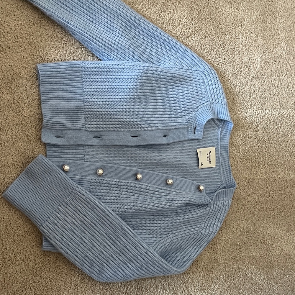 Sky Blue Knit Cardigan with Pearl Accents
